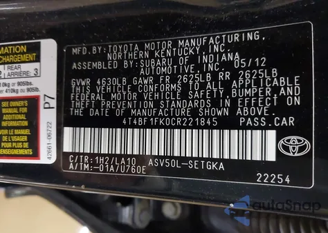 2012 Toyota Camry Xle из США, поврежденный, VIN 4T4BF1FK0CR221845